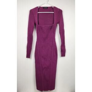 Retrofete Purple Dress Metallic Midi Bodycon Long Sleeve Size XXS Square Neck
